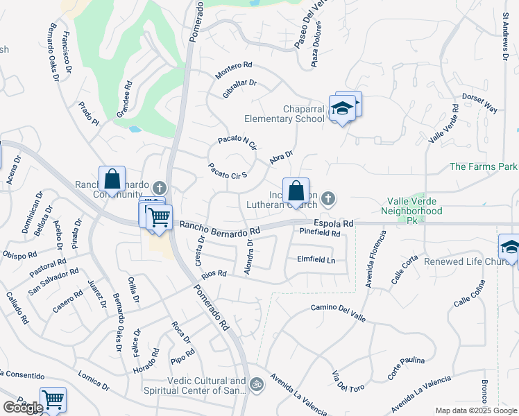 map of restaurants, bars, coffee shops, grocery stores, and more near 16955 Vinaruz Place in San Diego