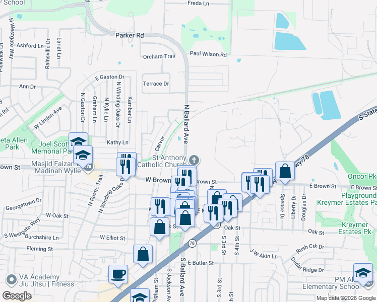 map of restaurants, bars, coffee shops, grocery stores, and more near 514 North Ballard Avenue in Wylie