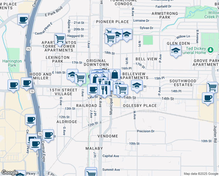 map of restaurants, bars, coffee shops, grocery stores, and more near 1465 Municipal Avenue in Plano