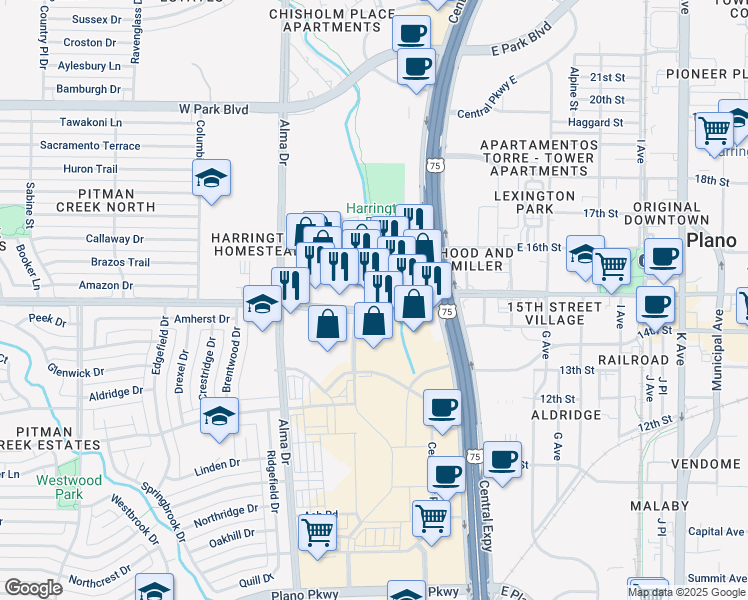 map of restaurants, bars, coffee shops, grocery stores, and more near 601 West 15th Street in Plano