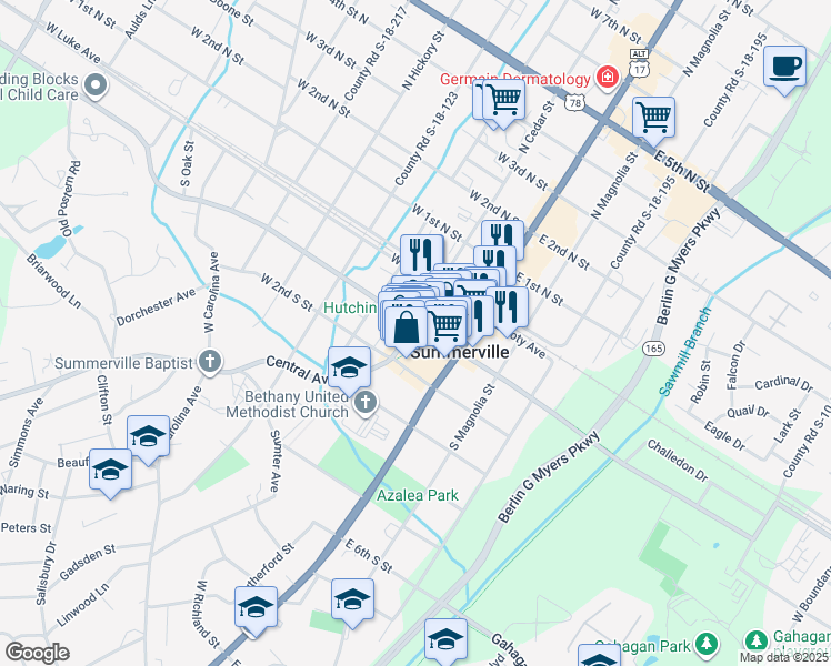 map of restaurants, bars, coffee shops, grocery stores, and more near 134 Gadsden Street in Summerville