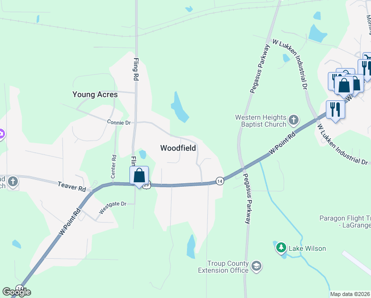 map of restaurants, bars, coffee shops, grocery stores, and more near 25 Horace Carter Road in LaGrange