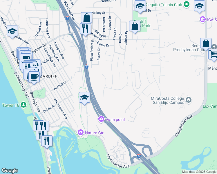 map of restaurants, bars, coffee shops, grocery stores, and more near 1014 Sea Village Drive in Encinitas