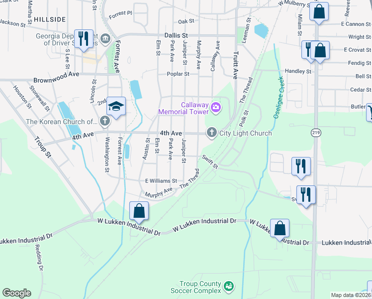 map of restaurants, bars, coffee shops, grocery stores, and more near 1310 Murphy Avenue in LaGrange