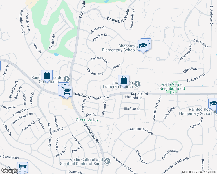 map of restaurants, bars, coffee shops, grocery stores, and more near 16955 Vinaruz Place in San Diego