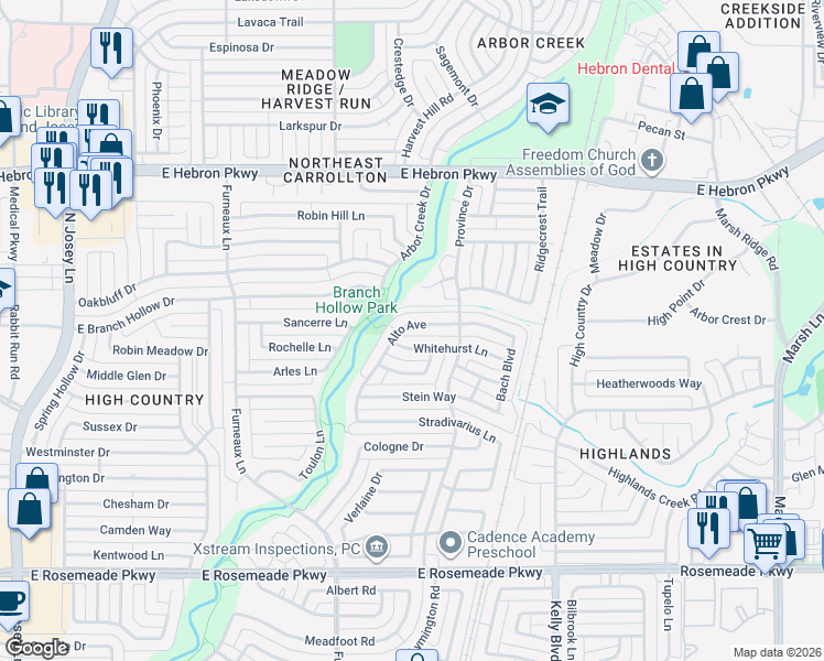 map of restaurants, bars, coffee shops, grocery stores, and more near 3918 Alto Avenue in Carrollton
