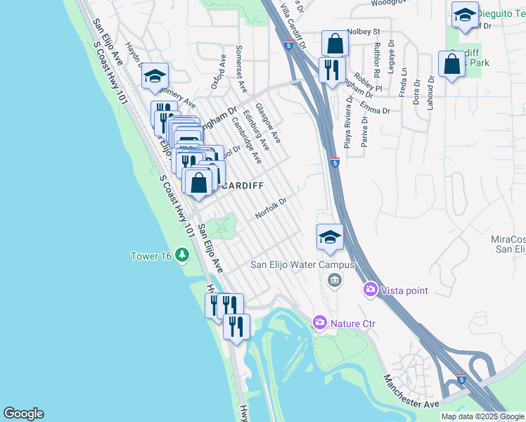 map of restaurants, bars, coffee shops, grocery stores, and more near 312 Norfolk Drive in Encinitas