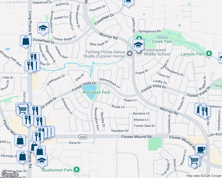 map of restaurants, bars, coffee shops, grocery stores, and more near 1928 Robin Lane in Flower Mound