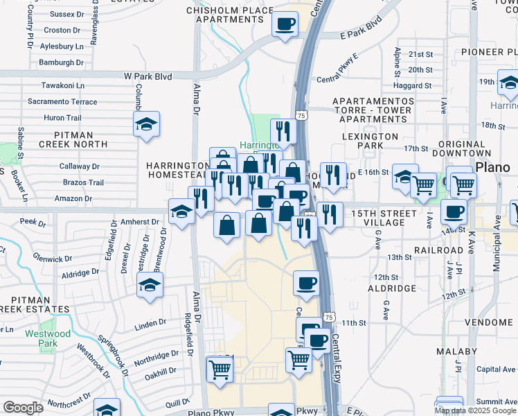 map of restaurants, bars, coffee shops, grocery stores, and more near 601 West 15th Street in Plano