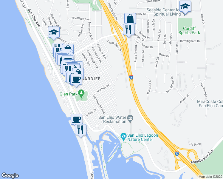 map of restaurants, bars, coffee shops, grocery stores, and more near 2327 Cambridge Avenue in Encinitas