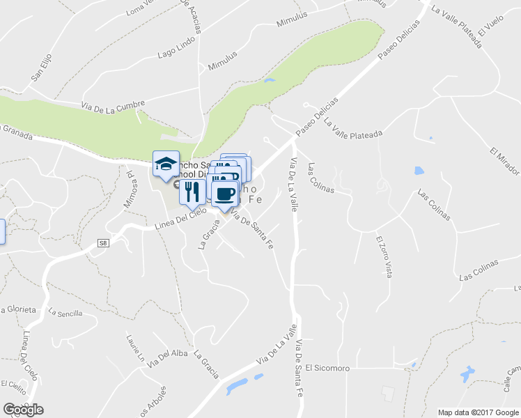 map of restaurants, bars, coffee shops, grocery stores, and more near 6134 Paseo Arbolado in Rancho Santa Fe