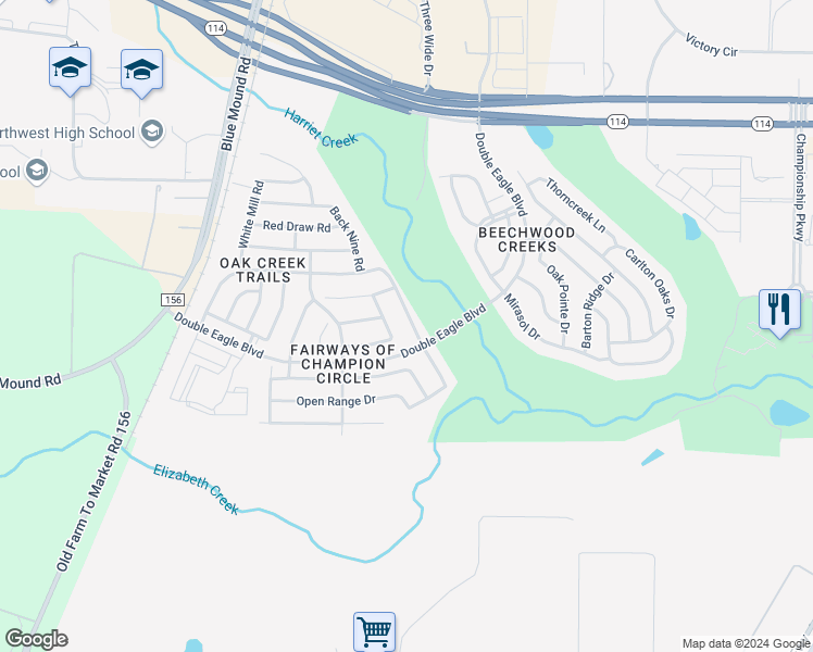 map of restaurants, bars, coffee shops, grocery stores, and more near 15817 Bent Rose Way in Fort Worth