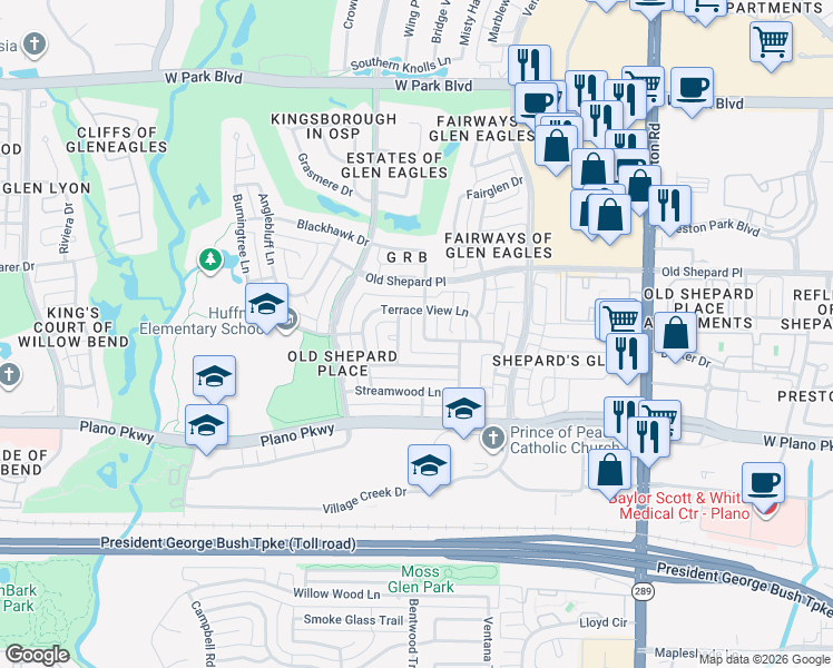 map of restaurants, bars, coffee shops, grocery stores, and more near 1305 Thistledown Drive in Plano