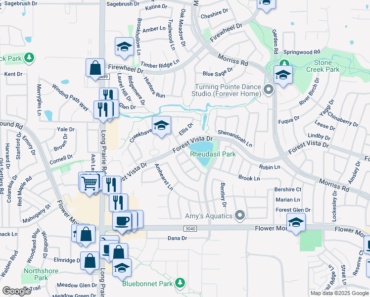 map of restaurants, bars, coffee shops, grocery stores, and more near 2328 Lakeshore Drive in Flower Mound