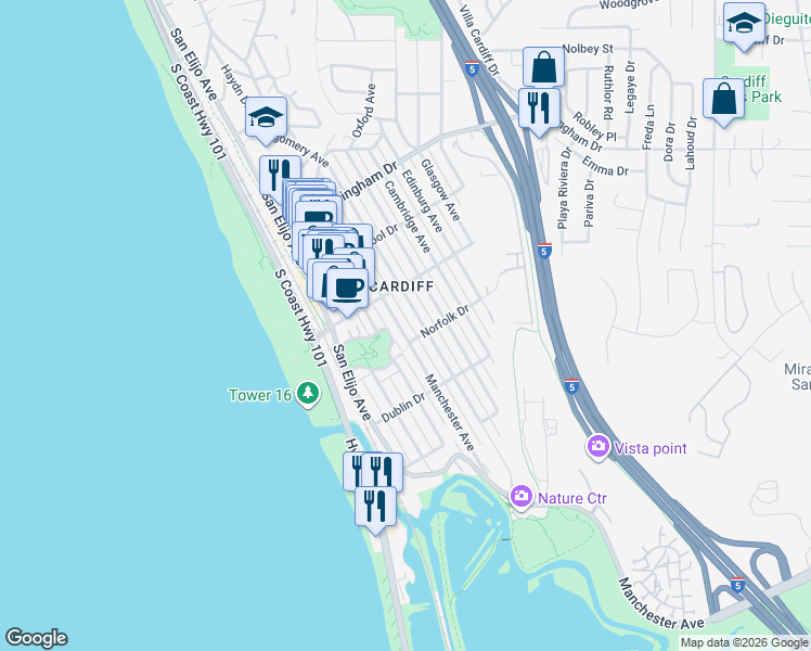 map of restaurants, bars, coffee shops, grocery stores, and more near 2265 Manchester Avenue in Encinitas