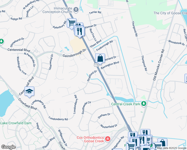 map of restaurants, bars, coffee shops, grocery stores, and more near 105 Abbey Ln in Goose Creek