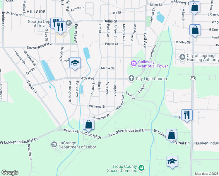 map of restaurants, bars, coffee shops, grocery stores, and more near 1309 Park Avenue in LaGrange