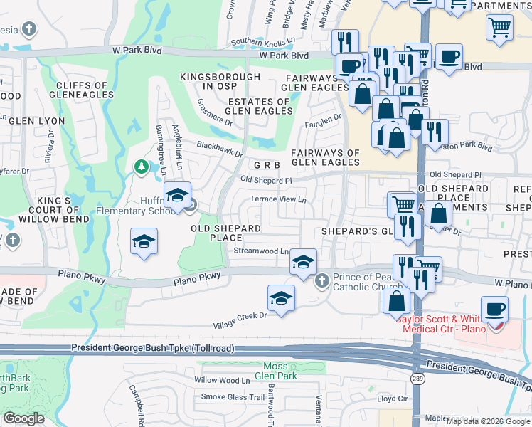 map of restaurants, bars, coffee shops, grocery stores, and more near 1305 Thistledown Drive in Plano