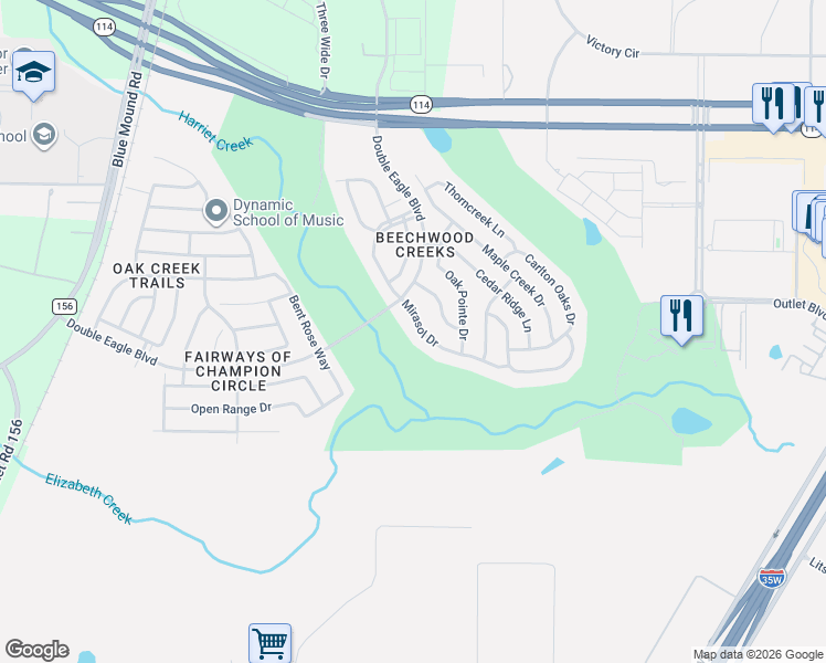 map of restaurants, bars, coffee shops, grocery stores, and more near 15745 Mirasol Drive in Fort Worth