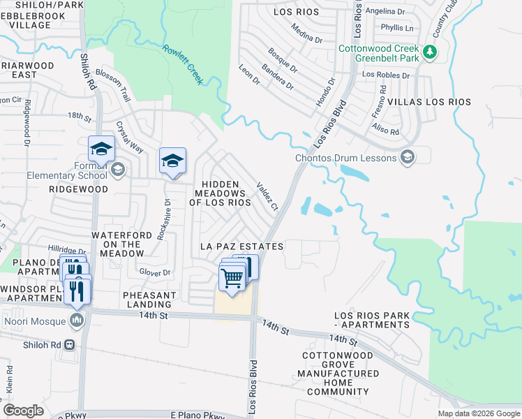 map of restaurants, bars, coffee shops, grocery stores, and more near 4013 18th Street in Plano