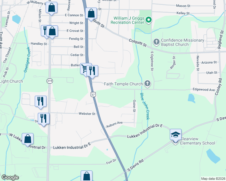 map of restaurants, bars, coffee shops, grocery stores, and more near 136 Edgewood Avenue in LaGrange