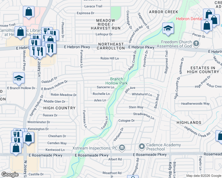 map of restaurants, bars, coffee shops, grocery stores, and more near 2036 Sancerre Lane in Carrollton