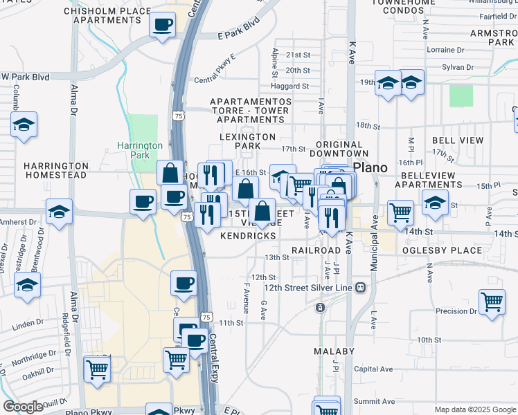 map of restaurants, bars, coffee shops, grocery stores, and more near 800 East 15th Street in Plano