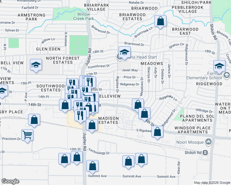 map of restaurants, bars, coffee shops, grocery stores, and more near 1429 Rigsbee Drive in Plano