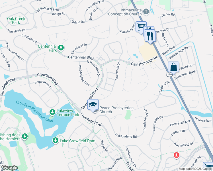 map of restaurants, bars, coffee shops, grocery stores, and more near 107 Huxley Street in Goose Creek