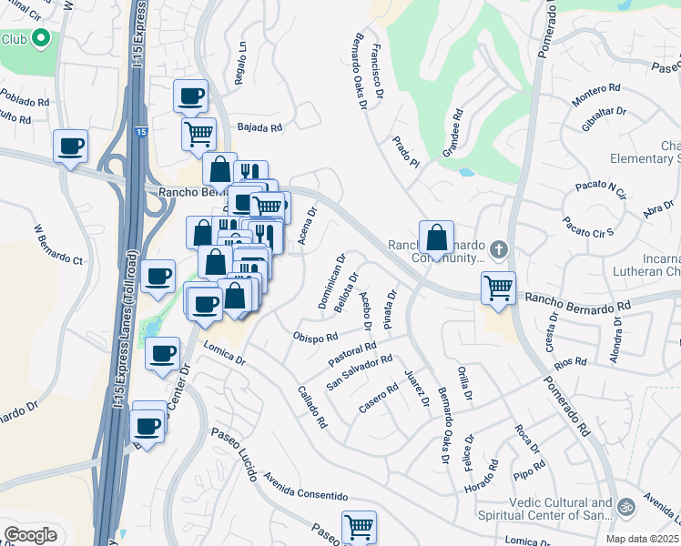 map of restaurants, bars, coffee shops, grocery stores, and more near 16921 Dominican Drive in San Diego