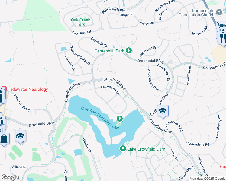 map of restaurants, bars, coffee shops, grocery stores, and more near 107 Loganberry Circle in Goose Creek