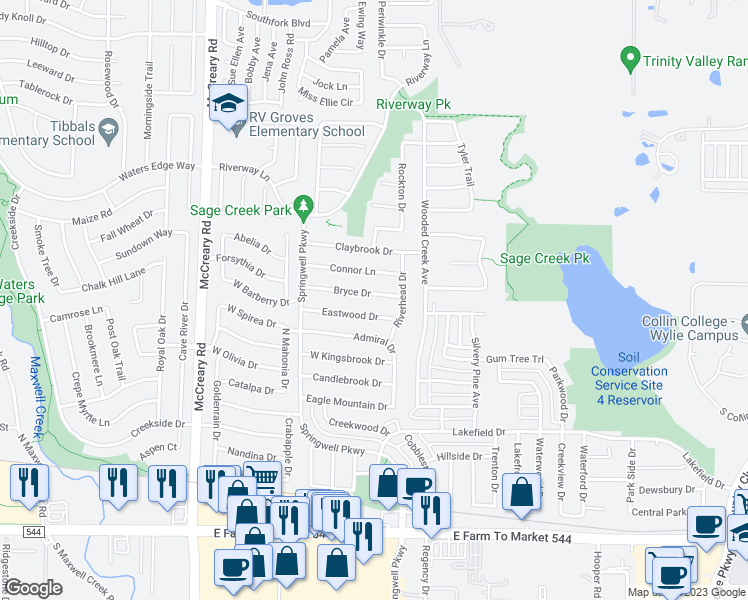 map of restaurants, bars, coffee shops, grocery stores, and more near 3011 Bryce Drive in Wylie