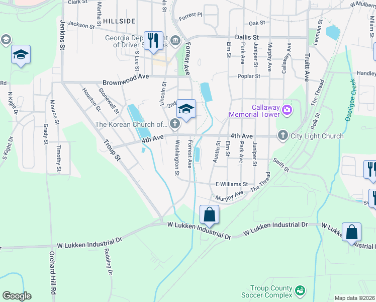 map of restaurants, bars, coffee shops, grocery stores, and more near 1310 Forrest Avenue in LaGrange