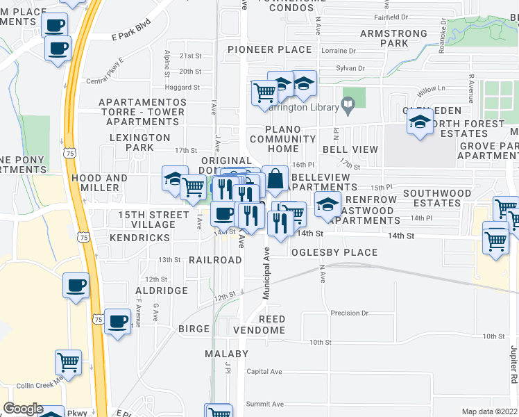 map of restaurants, bars, coffee shops, grocery stores, and more near 1120 East 15th Street in Plano