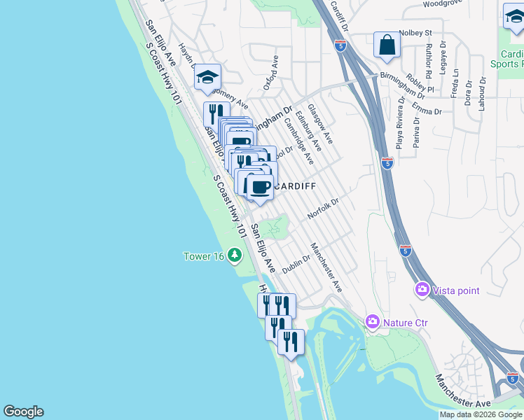map of restaurants, bars, coffee shops, grocery stores, and more near 2140 Orinda Drive in Encinitas