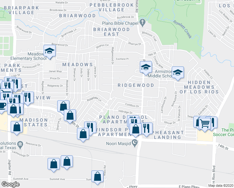map of restaurants, bars, coffee shops, grocery stores, and more near 1501 Timberline Drive in Plano