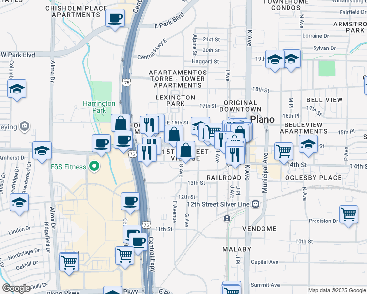 map of restaurants, bars, coffee shops, grocery stores, and more near 800 East 15th Street in Plano
