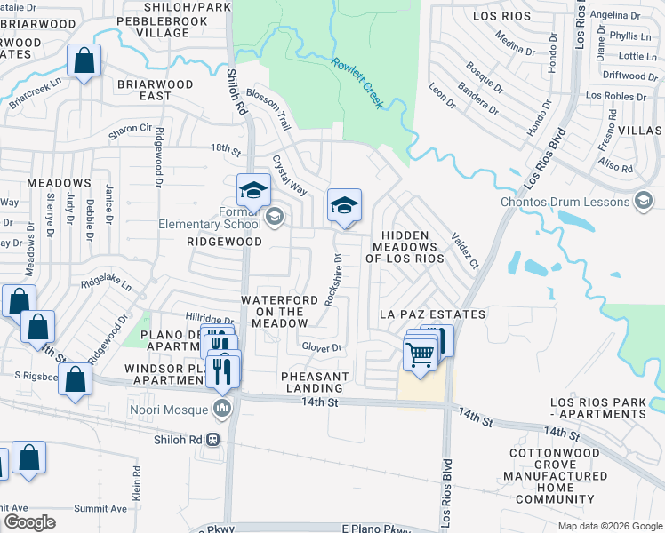 map of restaurants, bars, coffee shops, grocery stores, and more near 1505 Rockshire Drive in Plano