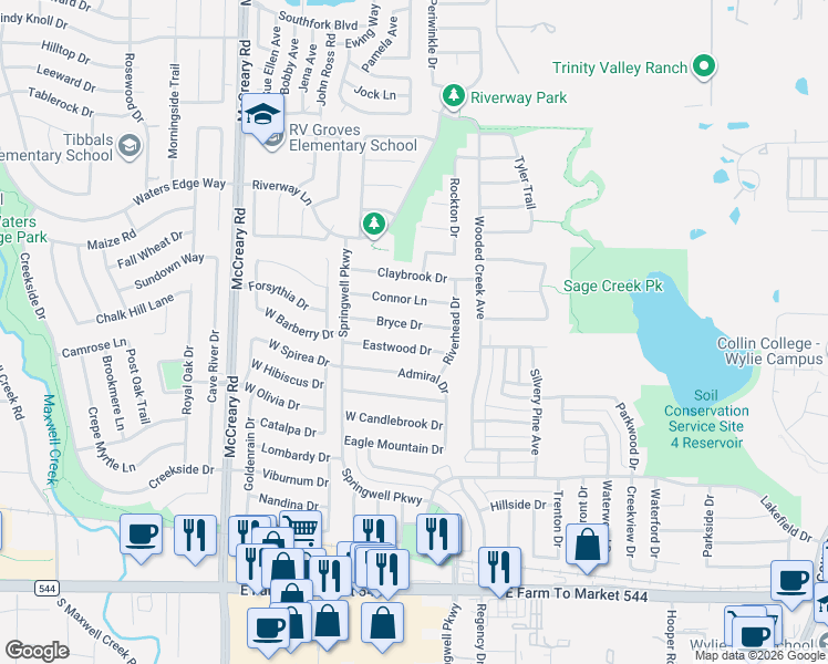 map of restaurants, bars, coffee shops, grocery stores, and more near 3011 Bryce Drive in Wylie
