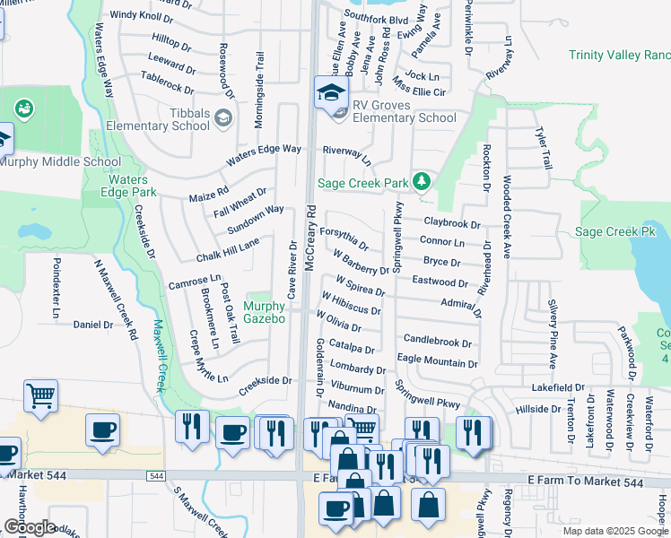 map of restaurants, bars, coffee shops, grocery stores, and more near 3602 West Spirea Drive in Wylie
