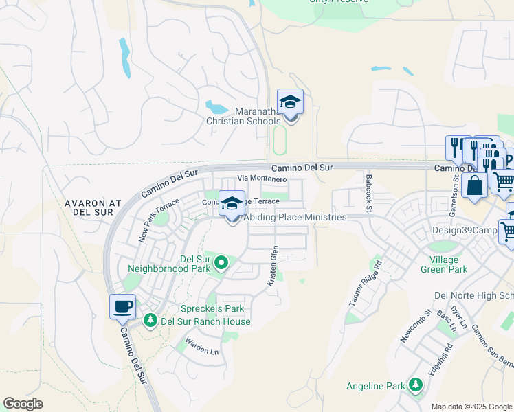 map of restaurants, bars, coffee shops, grocery stores, and more near 15809 Concord Ridge Terrace in San Diego