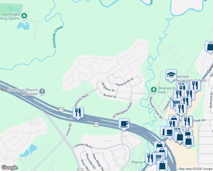 map of restaurants, bars, coffee shops, grocery stores, and more near 434 Brighton Street in Roanoke