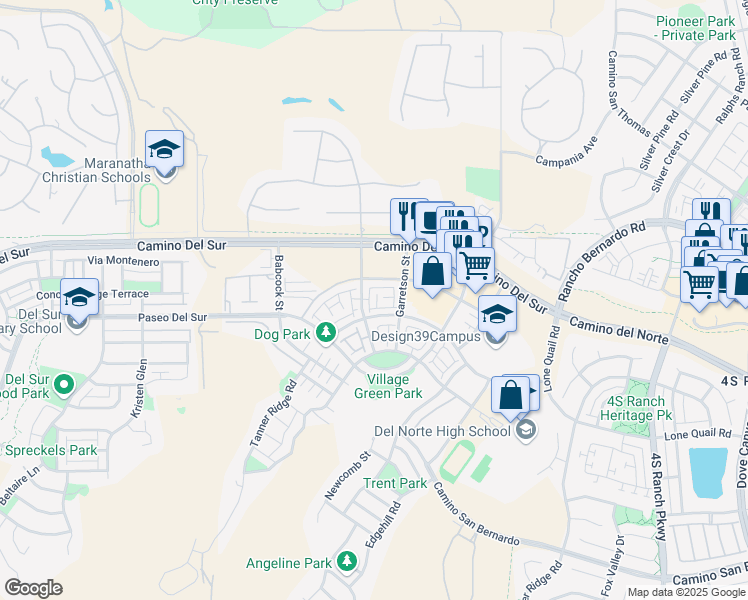 map of restaurants, bars, coffee shops, grocery stores, and more near 16755 Coyote Bush Drive in San Diego
