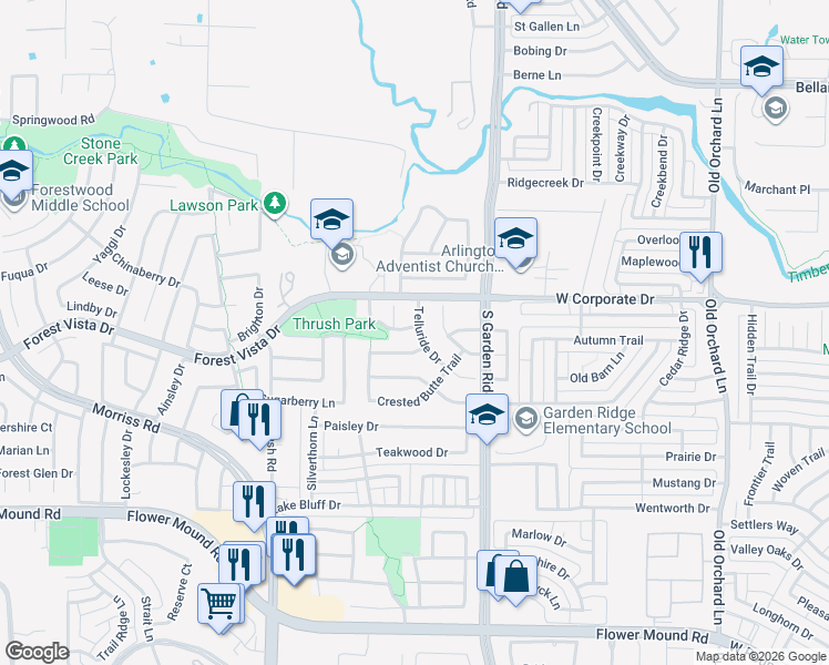 map of restaurants, bars, coffee shops, grocery stores, and more near 701 Boulder Way in Flower Mound