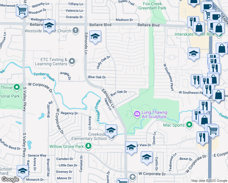 map of restaurants, bars, coffee shops, grocery stores, and more near 801 Burr Oak Drive in Lewisville