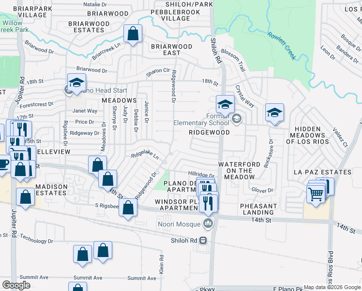 map of restaurants, bars, coffee shops, grocery stores, and more near 1501 Timberline Drive in Plano