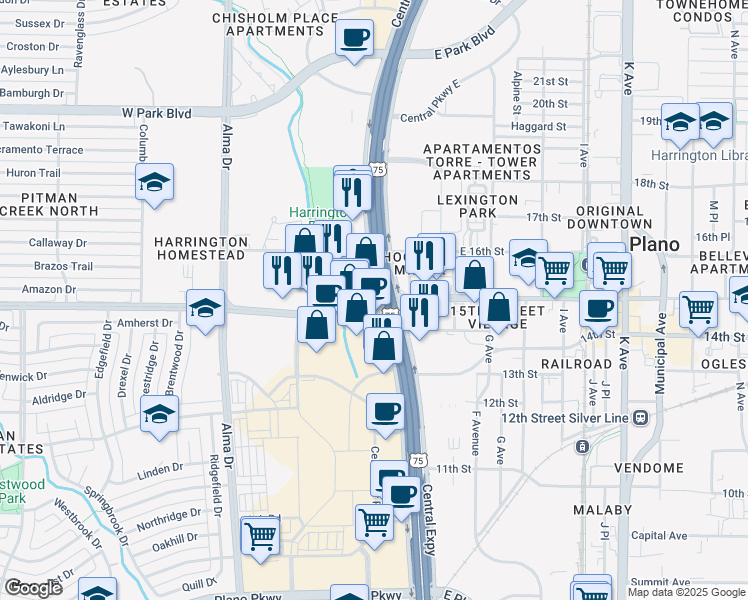 map of restaurants, bars, coffee shops, grocery stores, and more near 222 West 15th Street in Plano
