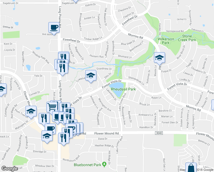 map of restaurants, bars, coffee shops, grocery stores, and more near 2332 Lakeshore Drive in Flower Mound