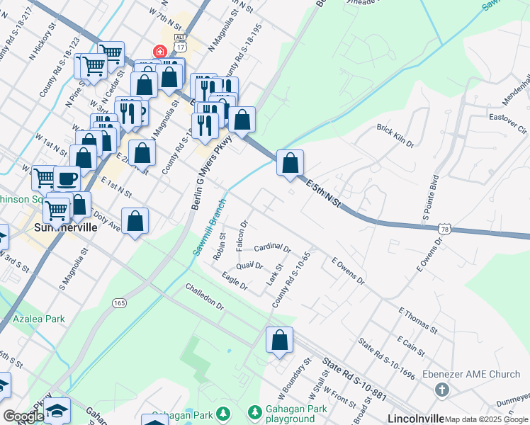 map of restaurants, bars, coffee shops, grocery stores, and more near 703 East 3rd North Street in Summerville