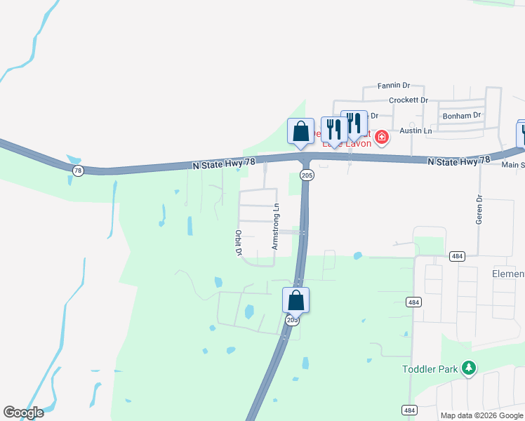 map of restaurants, bars, coffee shops, grocery stores, and more near 1030 Shepard Lane in Lavon